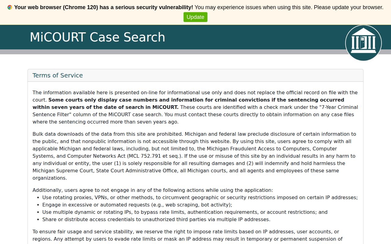 Wexford County released inmate court record search in MiCOURT