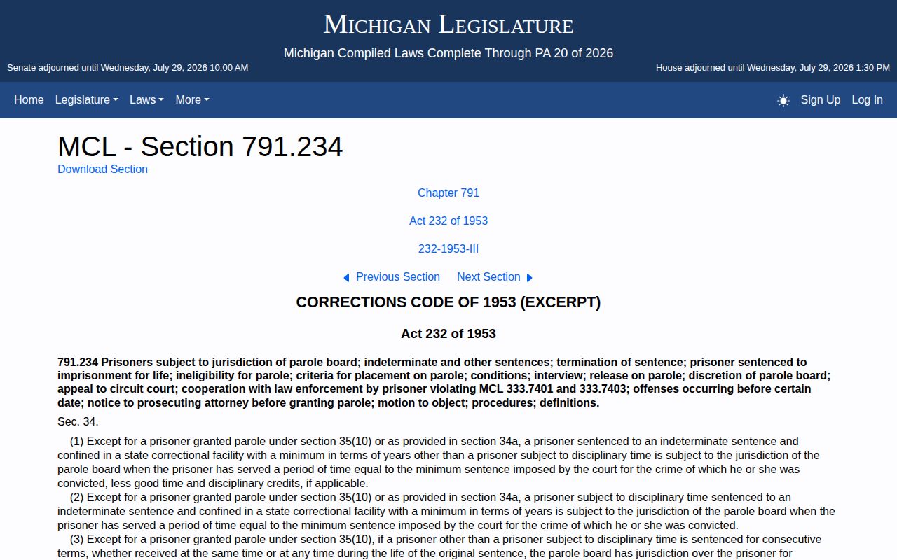 Michigan parole statute for Wexford County projected release date research